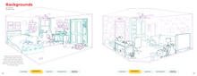 Load image into Gallery viewer, Pages showing backgrounds from the series' Pre-Production.