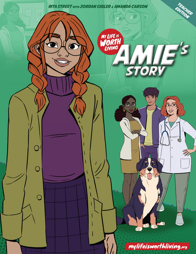 Front of the graphic novel. Optimistic characters in the foreground (including the main character at the front) over a green backdrop incorporating a scene where the main character is concerned. Title reads 