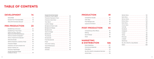 Table of contents pages consisting of Development, Pre-Production, Production, Post Production, and Marketing & Distribution.