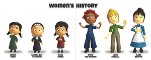 Two side-by-side posters. Heading reads "Women's History". Characters in lineup with names below their photo (from left to right): Marie Curie, Sandra Day O' Connor, Rosa Parks, Rosie The Riveter, Jane Goodall, and Clara Barton.
