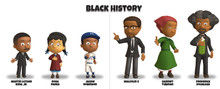 Load image into Gallery viewer, Two side-by-side posters. Heading reads &quot;Black History&quot;. Characters in lineup with names below their photo (from left to right): Martin Luther King, Jr., Rosa Parks, Jackie Robinson, Malcolm X, Harriet Tubman, and Frederick Douglass.
