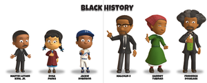Two side-by-side posters. Heading reads "Black History". Characters in lineup with names below their photo (from left to right): Martin Luther King, Jr., Rosa Parks, Jackie Robinson, Malcolm X, Harriet Tubman, and Frederick Douglass.